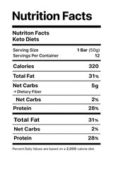 Nutrition Facts Label for Keto Diet Bars Showing Serving Size, Calories, Total Fat, Net Carbs, and Protein Content