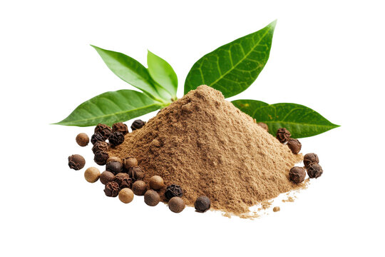 Pile of ground coffee beans with whole peppercorns and green leaves isolated on transparent background. Fresh organic delicious cubeb pepper powder set isolated on white background.