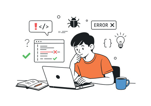Coding Debugging Session. Programming troubleshooting session. A person fixing code at a desk with laptop and notes, calm persistence and focused effort.
