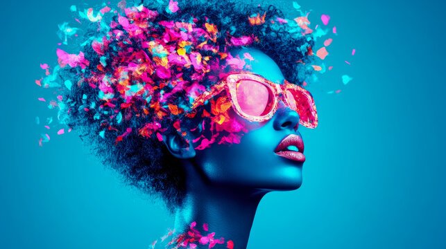 Radiant portrait of woman with blue skin and vivid pink lips, donning retro pink sunglasses, with burst of colorful petals and confetti exploding from her afro, symbolizing vibrant energy and artistic