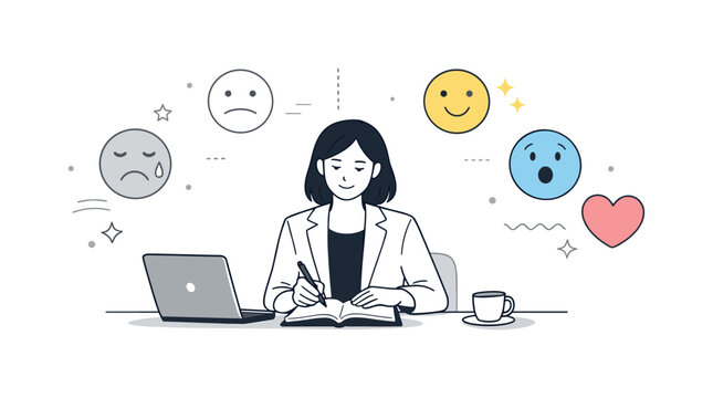 Beyond emotional neutrality. An editorial transition scene where muted emotion icons gradually regain soft color around a calm professional.