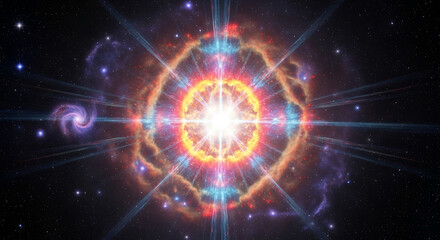 Fototapeta premium Vibrant cosmic explosion with radial symmetry and swirling galaxies in deep space viewed from a celestial perspective