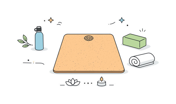 Minimalist Yoga Setup. Minimal yoga setup with eco mat. Natural yoga mat in cork or fiber texture placed symmetrically with small props like a water bottle or