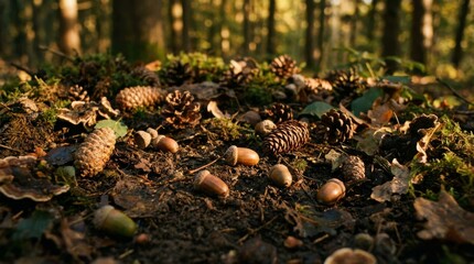 Pinecones and Acorns Scattered on Forest Floor