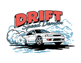 Retro drift racing performance car graphic illustration for t-shirt design, speed demon vector graphic with tire smoke and grunge texture. © Rizky Fadel