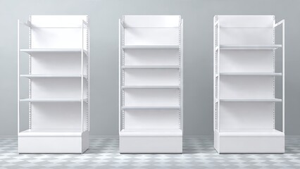 Three Empty White Display Shelves Units.
