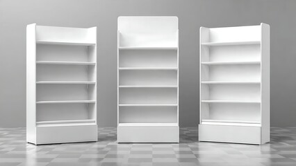 Three Empty White Shelving Units Display.