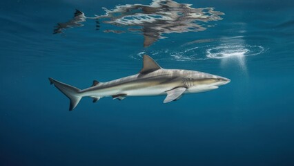Obraz premium An underwater shot of a shark swims gracefully in clear, sunlit water with a surface reflection