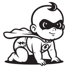 Fototapeta premium Cute Cartoon Baby Superhero Crawling with Mask and Cape