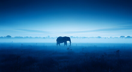 Obraz premium Majestic Elephant Silhouette Standing Alone in a Misty Blue Landscape at Dusk.