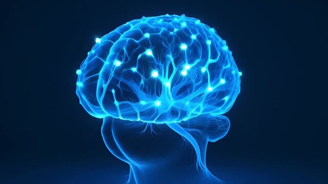 Human Brain Neural Network Hologram Rotating on Dark Background &ndash; Medical Technology Concept