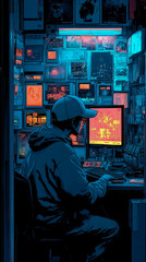 Obraz premium Lone programmer hunches over computer in room cluttered with glowing screens displaying complex data and abstract imagery, creating scene of intense focus and digital immersion