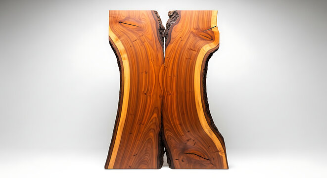 A premium high-resolution studio photograph featuring a pair of bookmatched live edge wood slabs arranged as a decorative architectural element. 