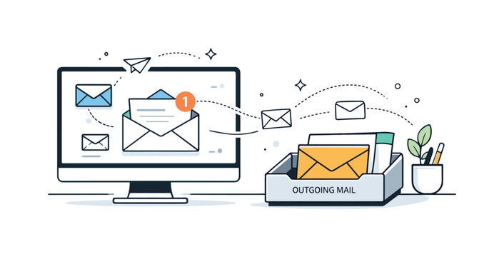 Digital and physical outgoing mail. A modern office scene combining email icons on a screen and a physical outgoing tray on the desk. Hybrid