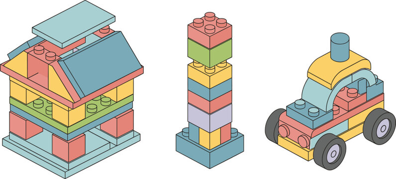 Isometric Pastel Toy Building Blocks Set with House Tower and Toy Car Kids Illustration