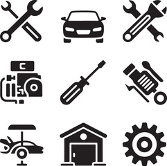 Obraz premium Black and white icons set of car repair tools and automotive elements flat design