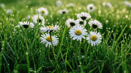 Obraz premium Close-up of vibrant daisies with yellow centers scattered in lush green grass, water droplets present