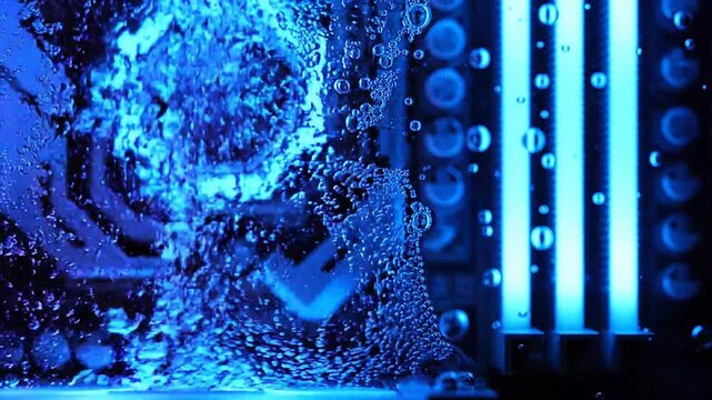 Extreme Close-Up of Boiling Immersion Cooling Liquid on RGB RAM Memory Modules with Neon Color Shift