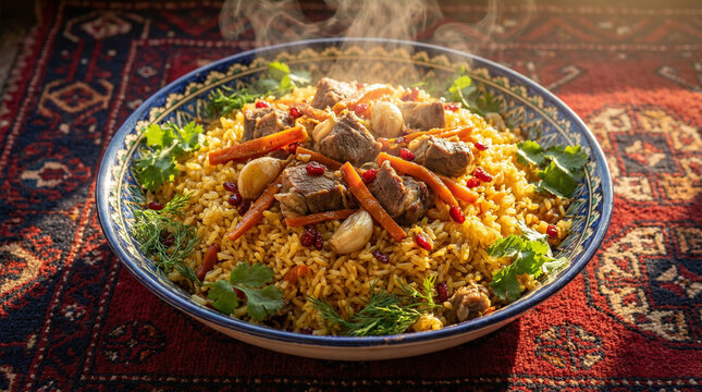 Steaming Turkmen plov close-up with golden rice, tender meat, and carrots. Aromatic spices and cumin visible. Perfect for cultural cuisine, festive meals, and authentic Central Asian concepts. 