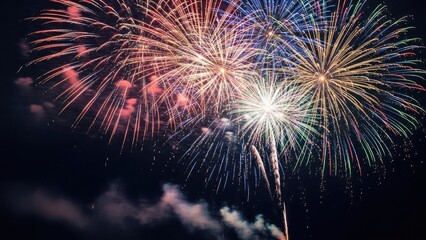 Obraz premium Colorful explosions illuminate a dark night sky with intricate bursts and trails of light