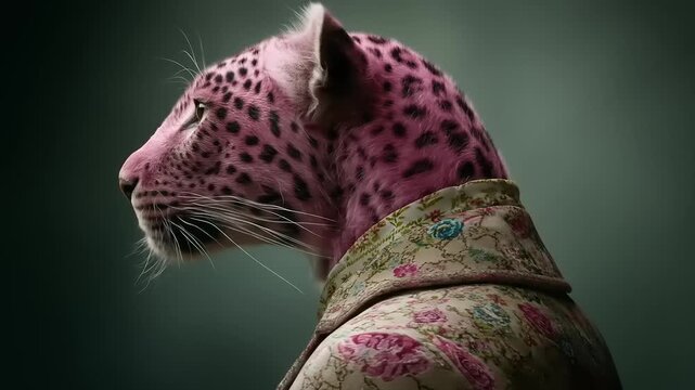Pink leopard in profile, wearing a floral patterned garment, on a blurred green background