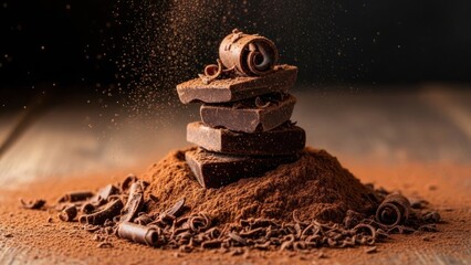 Dark chocolate tower with curls on a cocoa powder bed, against a blurred backdrop