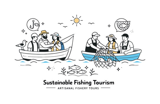 Sustainable fishing tourism and artisanal fishery tours. A calm editorial scene of travelers joining local fishers on small boats, learning