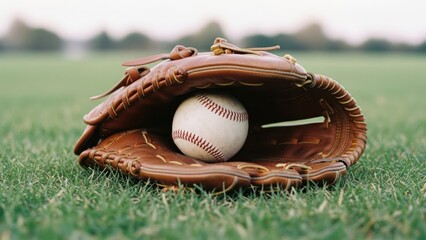 Leather baseball mitt cradles a white ball with red stitching, resting on green grass