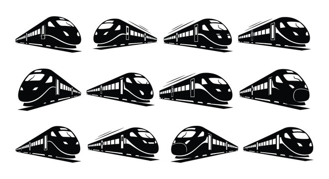 A collection of stylized black and white high speed train illustrations