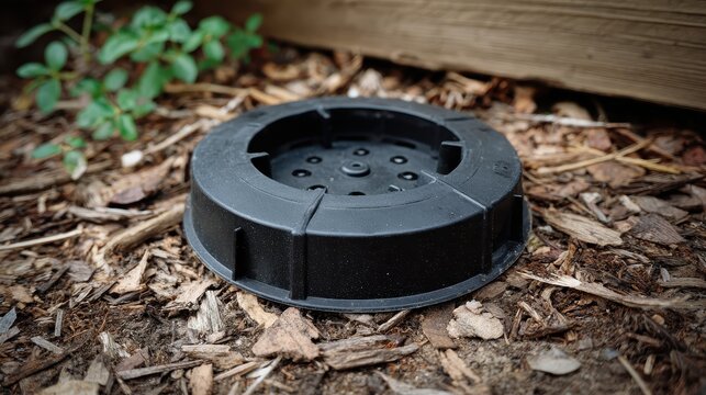 Termite bait station lid installed in garden mulch near a house foundation