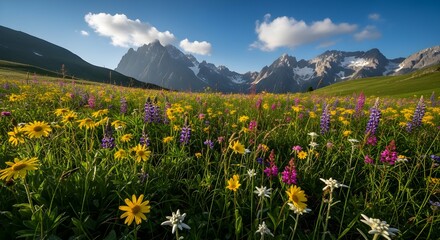 Expansive mountain meadow carpeted with yellow, pink and white wildflowers in warm evening light, framed by rugged rocky peaks and blue sky, evoking alpine summer, outdoor freedom, hiking dreams and u © Izaz