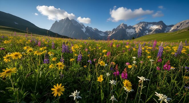 Expansive mountain meadow carpeted with yellow, pink and white wildflowers in warm evening light, framed by rugged rocky peaks and blue sky, evoking alpine summer, outdoor freedom, hiking dreams and u