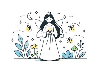 Magical night scene. A calm fairy queen standing among abstract plants while fireflies illuminate the space, creating a dreamy and peaceful