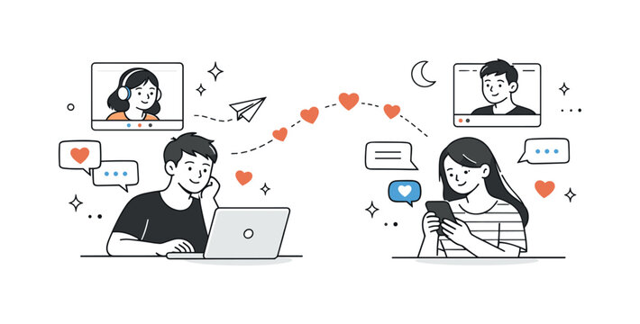 Long-distance relationships online. Couple separated by space but linked with messages, video call frames, and floating hearts.