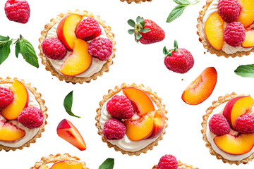 Fototapeta premium Delicious fruit tarts with cream and berries isolated on transparent background. Gourmet tarts with strawberries, peaches, and raspberries isolated on white background.