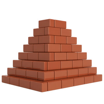 Red bricks stacked in pyramid structure blocks isolated on a transparent background