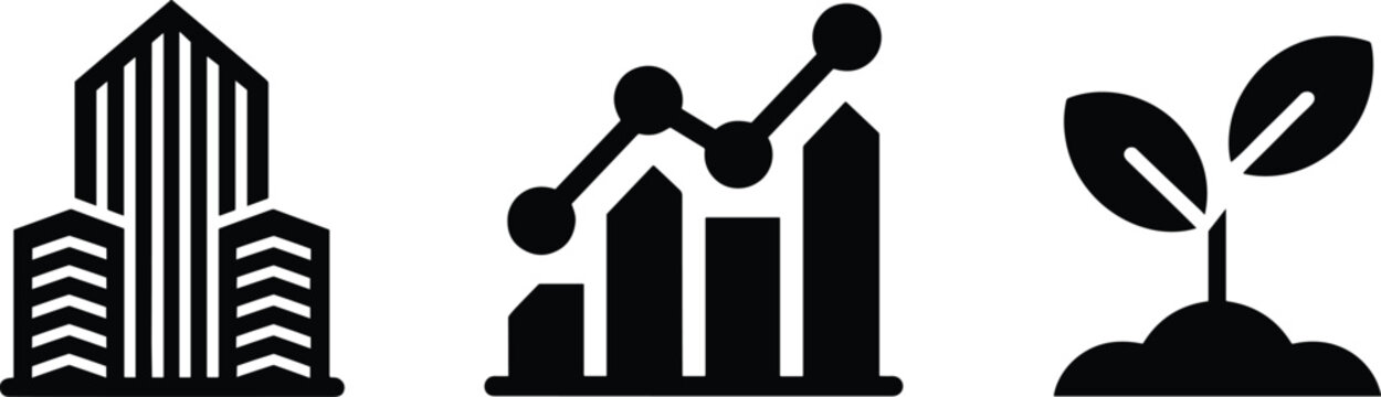 Black silhouette icons of modern office buildings financial growth bar chart and sprouting plant representing real estate development investment and sustainable business success