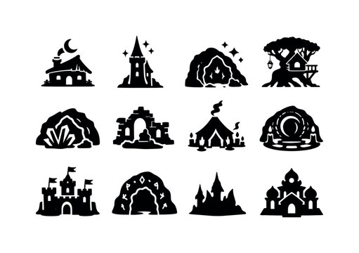    Fantasy lairs. Solid icon set of fantasy lairs: wizard lair, sorcerer tower, enchanted cave, magical hideout, crystal cave, ancient ruins