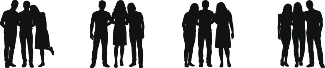 Group of friends silhouette collection, young people standing together, hugging happy team, vector illustration isolated on white background.