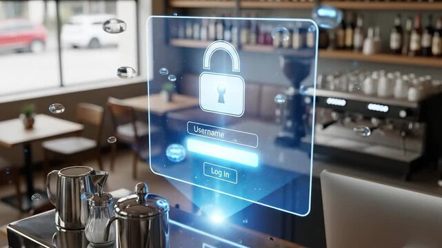 Futuristic digital lock interface over bar counter in a modern cafe