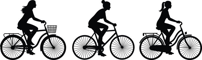 Fototapeta premium Woman riding bicycle silhouette, female cyclist on bike, active girl sport collection, vector illustration isolated on white background.