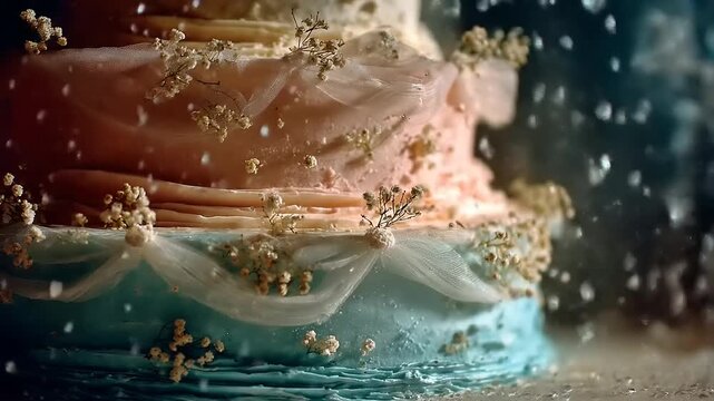 Close-up of a multi-tiered cake with pastel frosting, tulle accents, and delicate floral adornments