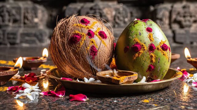 Traditional Indian Religious Offering Of Coconut And Green Coconut Decorated With Turmeric And Kumkum Powder Illuminated By Diyas With Floral Petals And Apsaras Carvings In Background