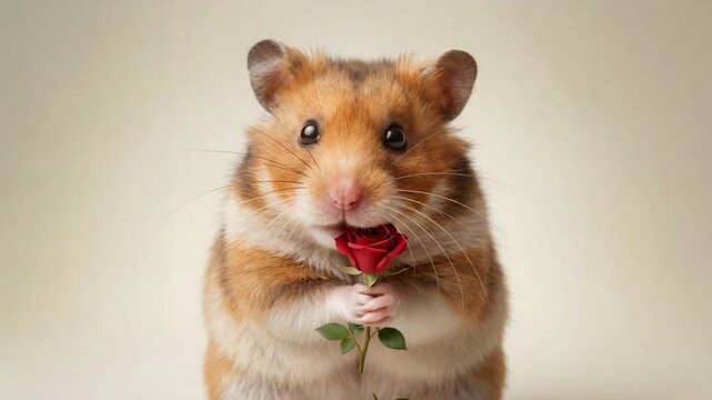 Adorable hamster holding red rose flower in paws close up romantic gesture for valentine day studio shot video animal love concept 4k footage