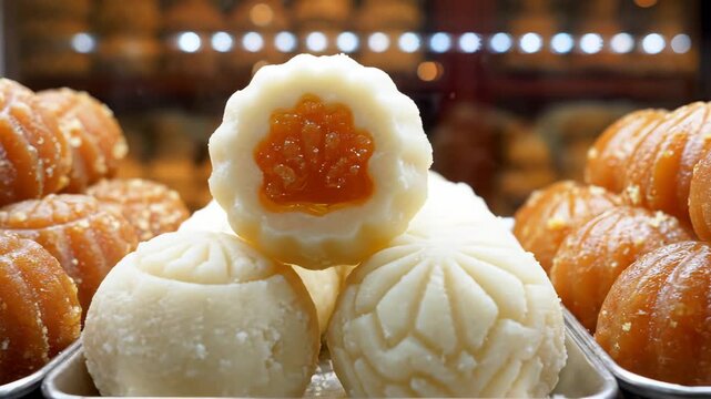 Traditional Indian Sweets Laddu and Barfi Displayed in Tray with Warm Lighting and Blurred Background of Sweet Shop Assortment Sweet Confections Ready for Sale Delicious Dessert Treats