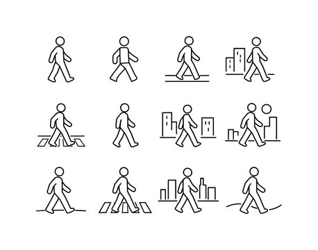    Minimal City Walking. Line icon set of Minimal City Walking: simple walking figure, geometric pedestrian, minimal sidewalk walk, abstract
