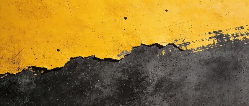 abstract black and yellow grunge texture with rough paint edge, industrial distressed background with cracked surface and urban street art style