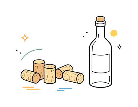 Natural wine cork material. Several corks arranged neatly beside a wine bottle, texture suggested with simple lines, feeling of natural and