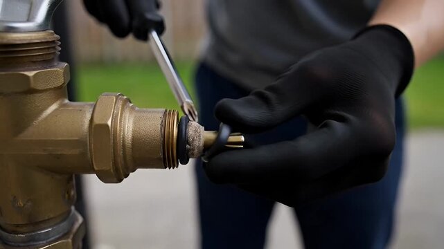 Professional Plumber Repairing Outdoor Faucet Fixture with Tools