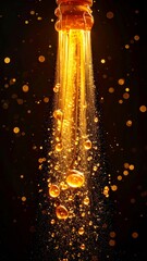 Golden Liquid Flowing From Bottle With Bubbles Against a Dark Background